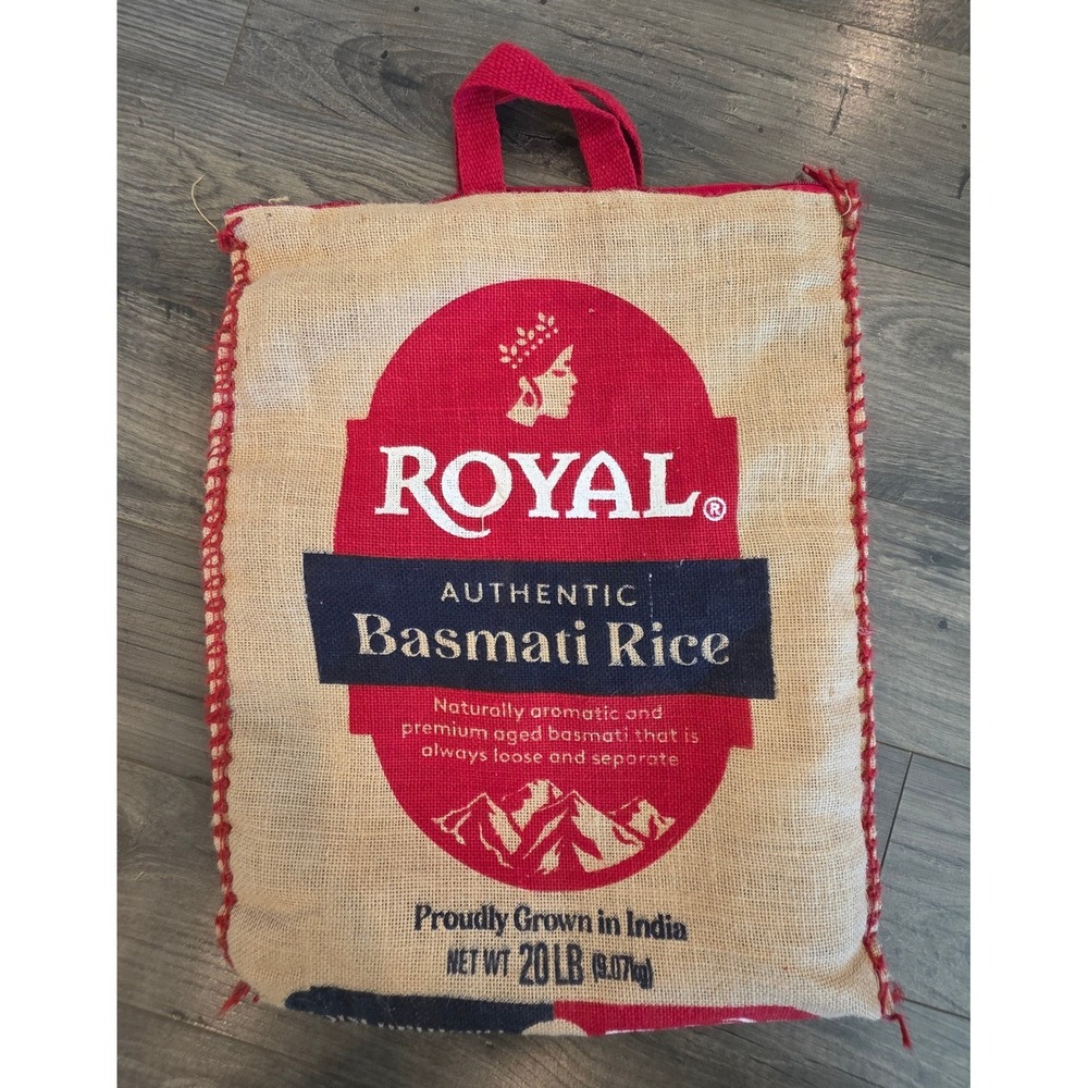 Empty‎ Royal Basmati Rice Burlap Jute Tote Bag Red Tan Zippered 20 LB Reusable